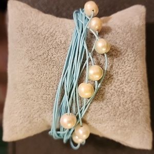 Turquoise Leather with Freshwater Pearls 8 1/4"
